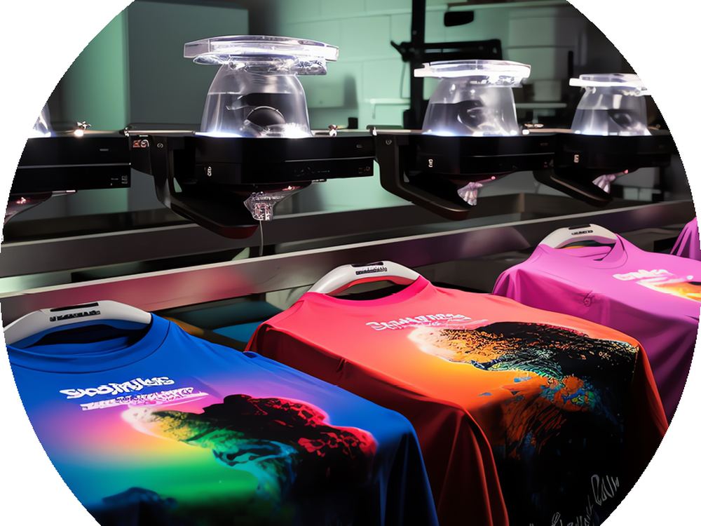 Custom printed t-shirts moving through a dye sublimation line