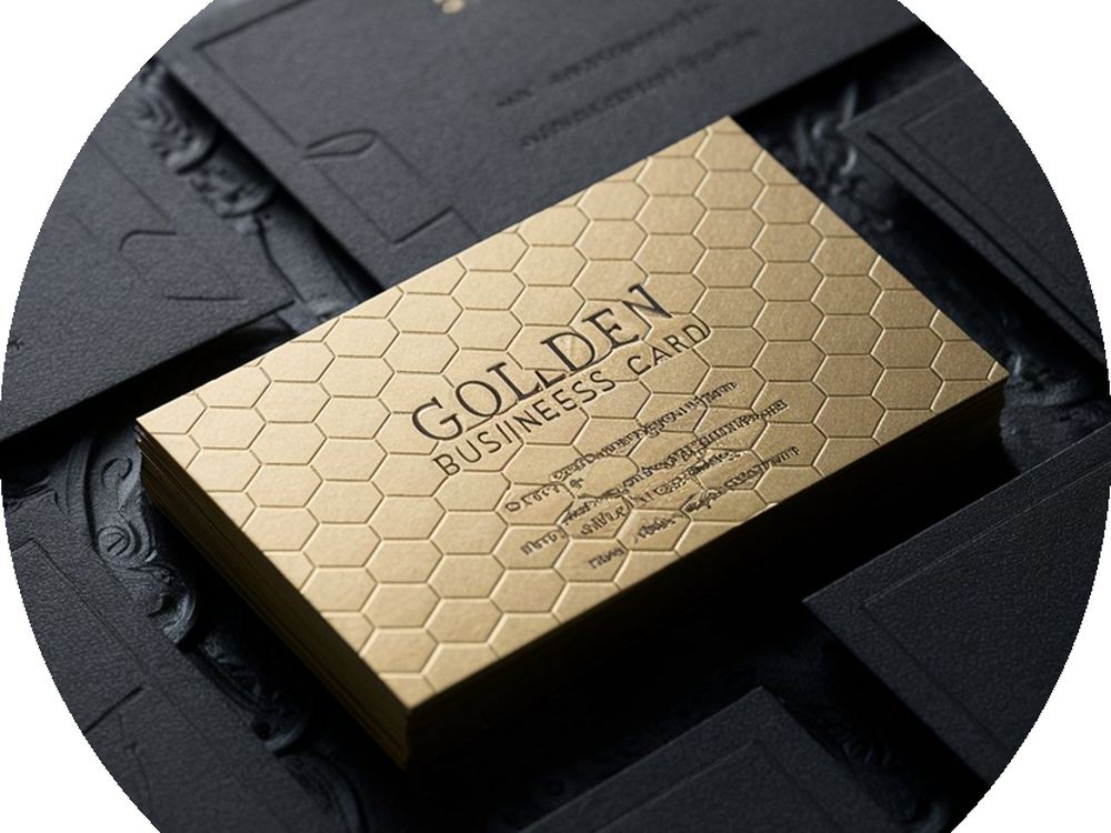 Gold foiled business card on a black presentation surface